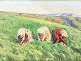 painting of three women working in a field with a mountain in the background