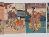 four paintings of women dressed in kimono are hanging on a wall