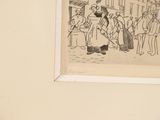 a drawing of a group of people standing in front of a building