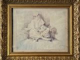 un dessin représentant une femme assise sur un lit avec un chien
