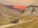 painting of a horse drawn carriage on a dirt road with mountains in the background