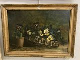 une peinture à l'huile représentant des pensées dans un vase posé sur une table