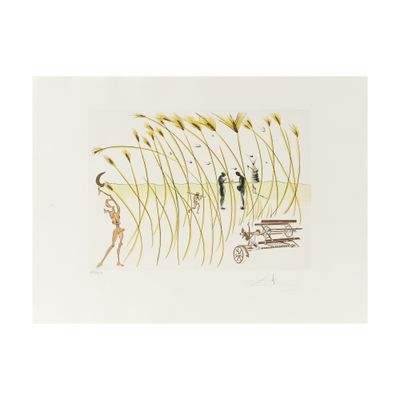 dessin représentant un homme et une femme assis sur un banc dans un champ d'herbes hautes