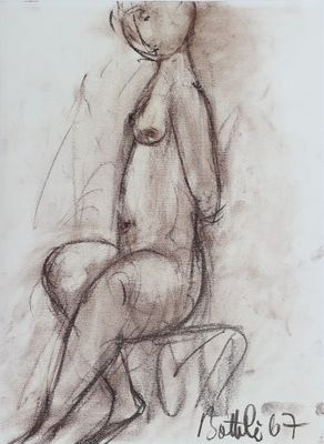 dessin représentant une femme nue assise sur une chaise, les mains sur les hanches