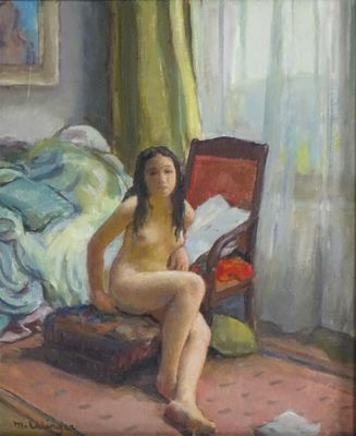 a painting of a nude woman sitting on a bed