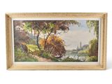 an image of a painting of a landscape with trees and a river