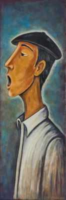 tableau représentant un homme coiffé d'un chapeau, la bouche ouverte