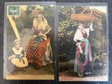 two old postcards of women with baskets on them sitting on a table