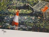 a painting of a woman in a garden with a shopping cart