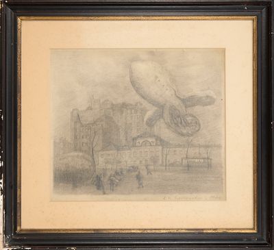 un vieux dessin représentant un oiseau survolant un immeuble