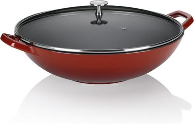 une image représentant une casserole rouge avec un couvercle, sur fond blanc