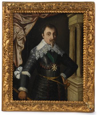 un vieux tableau représentant un homme en costume noir à col blanc