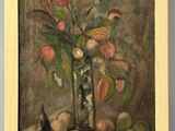 painting of a still life of flowers in a glass vase on a table