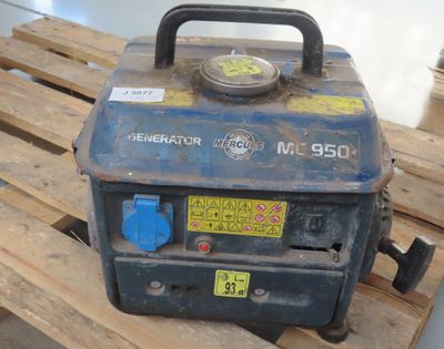 a blue generator sitting on a pallet on a pallet