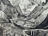 drawing of a view of a mountain valley with a river in the foreground
