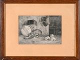 tableau représentant un chat et deux chatons devant un tonneau de vin