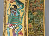 deux tableaux représentant un homme avec un serpent et un serpent sur un mur