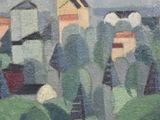 peinture représentant un paysage avec une église au loin et des arbres au premier plan