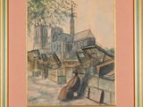 painting of a woman sitting on a bench in front of a church
