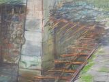 painting of a train crossing a bridge over a river in the woods