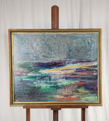 une peinture à l'huile représentant un tableau posé sur un chevalet, sur fond blanc