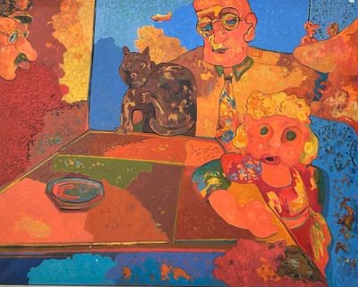 a painting of a man and a cat sitting at a table