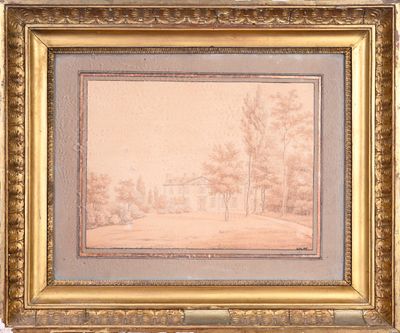 a painting of a landscape with trees and a house in the distance