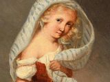 portrait of a young girl with a basket of sheep in a landscape