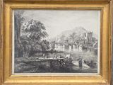 a painting of a river scene with boats on the water