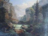 a painting of a waterfall in the middle of a mountain