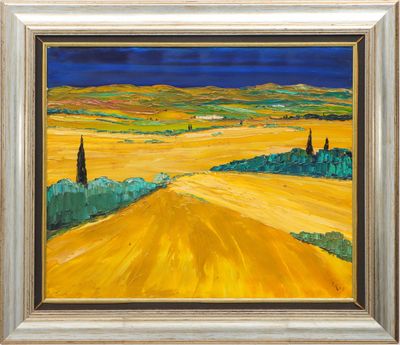 a painting of a yellow field with trees and hills in the background