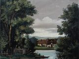 tableau représentant une scène fluviale avec un homme et un chien sur la rive