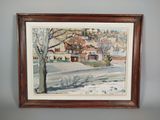aquarelle encadrée représentant une maison par temps de neige