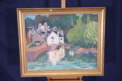 Fernand DARAGON, (XXe siècle) Maison près du pont village br…