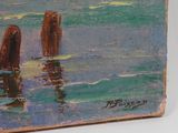 a painting of two poles sticking out of the water