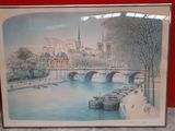 painting of a bridge over a river with boats on it