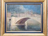 painting of a bridge over a body of water with buildings in the background