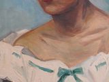 painting of a woman in a white dress with a green bow on her head