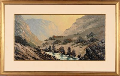 an image of a painting of a mountain scene with a river