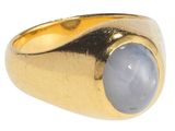 gros plan d'une bague en or avec une pierre bleue