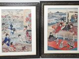 two framed asian paintings of women and cats in a room