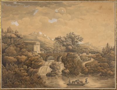 a picture of a painting of a landscape with people on a boat