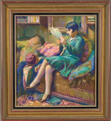 an oil painting of a woman sitting on a couch reading a book