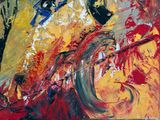 peinture abstraite représentant un homme jouant de la guitare sur un fond rouge et jaune
