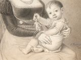 drawing of a woman holding a baby in her lap