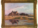 an image of a painting of a house near a body of water