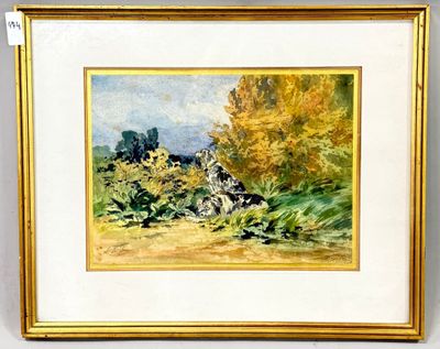 framed oil painting of a landscape with a dog and trees