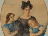 portrait of a woman with two children in a blue dress