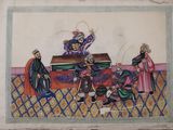 an image of a painting of three men sitting at a table in front of a table