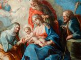 an image of a painting of a family with a baby in a manger